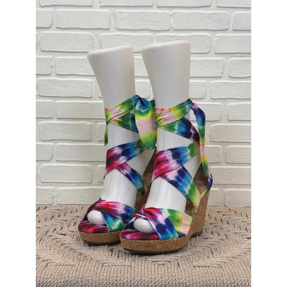 Impo Olitha Tie-Dye Wedge Sandals Multi Ankle Wrap Size 7